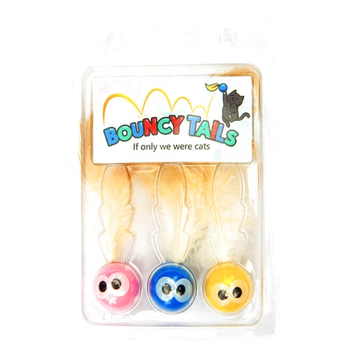 Bouncy Tails 3 Pack Interactive Bouncy Ball with Natural Feathers for Indoor Cats and Kittens who Love to Play and Have Fun.
