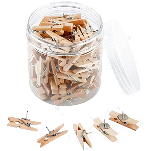 Dstertech Pack of 50 Wood Clips with Push Pins for Cork Boards Paper Works/Notes/Photos/Cork Board/School Projects and Craft Projects-Clip Thumbtack-3.5cm / 1.4 inch