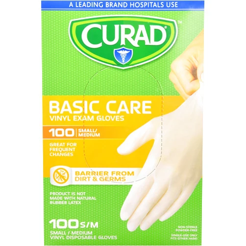 Curad Basic Care Vinyl Exam Gloves, Barrier from Dirt & Germs, Disposable, Small/Medium, Case of 10 (1000 Gloves)