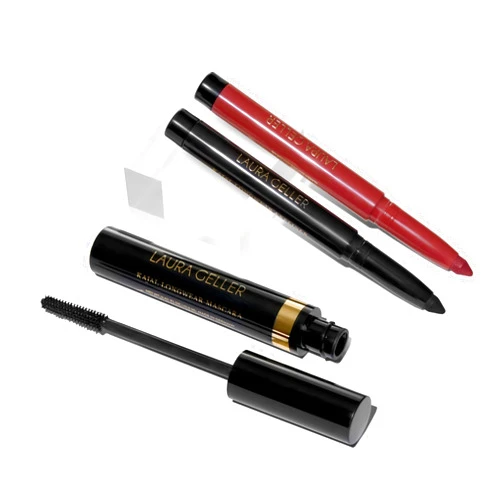 LAURA GELLER NEW YORK The Kajal Collection 3pc Makeup Set - Deep Black Kohl Eyeliner + Dahlia Lip Color, Black Kajal Mascara