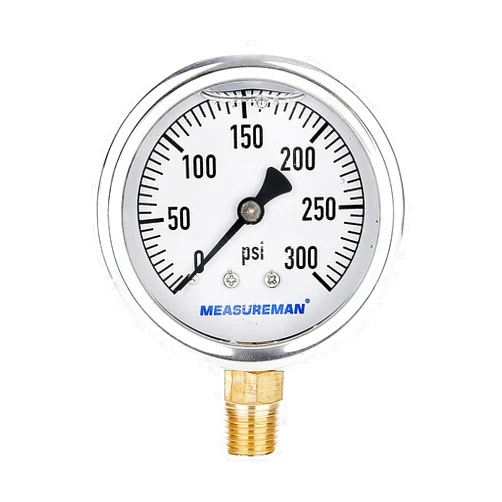MEASUREMAN 2-1/2inch Dial Size, Glycerin Filled Plumbing Pressure Gauge, 0-300psi, Stainless Steel Case, 1/4inchNPT Lower Mount