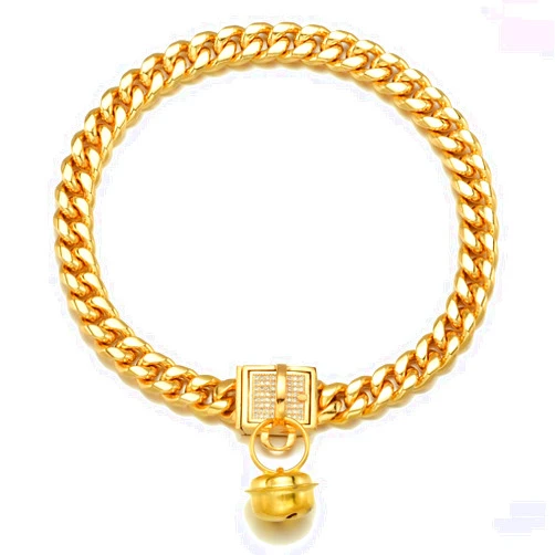 AAAbling 18K Gold Dog Collar Metal Stainless Steel 10mm Luxury Training Collar Cuban Link with Zirconia Lock bell Necklace Chain Locking Chew Proof Collar