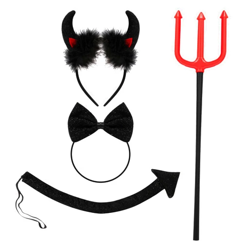 Spooktacular Creations 4 Pcs Halloween Devil Costume Set Demon Costume with Black Devil Horn Headband, Devil Pitchfork, Bow Tie, and Tail for Halloween Cosplay Party Accessories