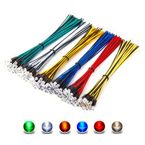 Chanzon 120pcs 12V 5mm LED Diode Lights 7.9 inch Pre Wired (6 Colors x 20pcs) Assorted Kit (Transparent Clear Round Lens) White Red Green Blue Yellow Warm-White Emitting LED Assortment