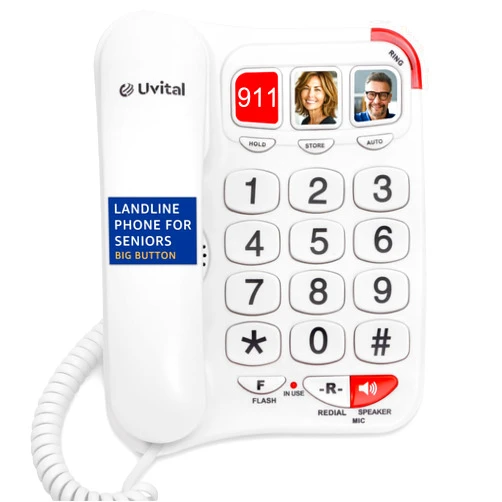 Uvital Big Button Phone for Seniors-Simple Basic Telephone for Elderly, Amplified Ringer with Loud Speaker for Hearing Impaired, Corded Landline Phone for Home, White Telephone with White Button