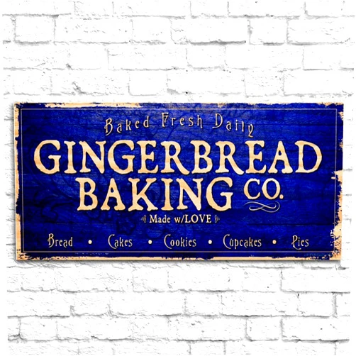BARCONIC Vintage Wooden Holiday Bar Sign - Gingerbread Bakery - Home Decor - Blue