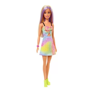 Barbie Fashionistas Doll #190, Blonde Hair with Purple Streaks, Romper Dress, Yellow Wedge Sneakers, Bracelet, Toy for Kids 3 to 8 Years Old