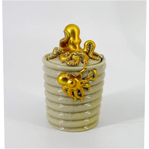 YHHRESINKING Resin Octopus Mother and Baby Cotton Canister, Beach, Bathroom Accessory,Ocean Theme Octopus Family Bathroom Decor,Coastal Decor (LOYAL GOLD)