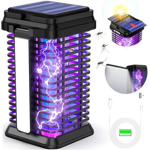 HumiLife Rechargeable Solar Bug Zapper Outdoor & Indoor, Fruit Fly Trap, Mosquito Gnat Moths Catcher, 4200V Grid, USB Charging, 5000mAh Battery, Fit for Home, Kitchen, Backyard, Camping, Patio, Black