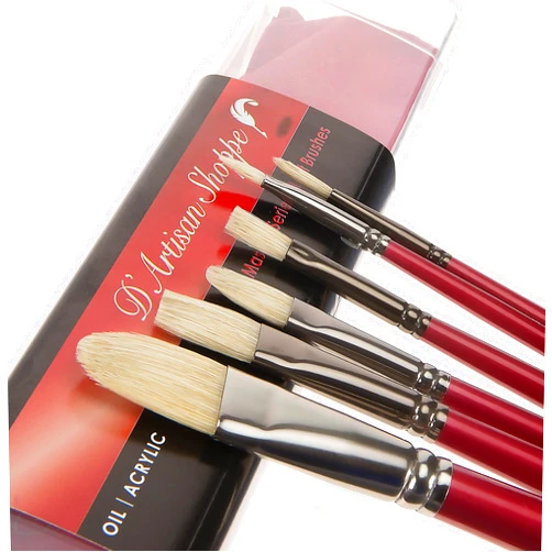 D'Artisan Shoppe Oil Acrylic Paint Brushes Set. 100% Natural Chungking Hog Hair Bristle in Portable Organizer Plastic Container. 6pc Filbert Flat and Round Paintbrush Gift Kit.