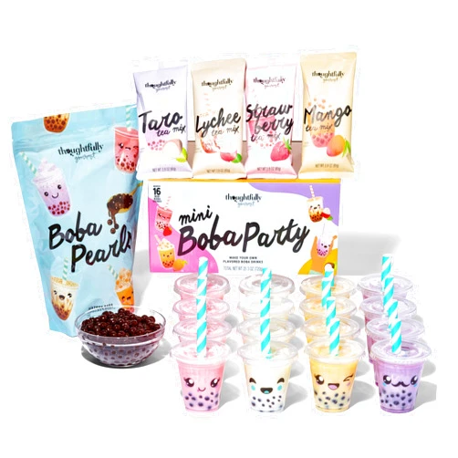 Thoughtfully Gourmet, Mini Boba Party Set, Makes 16 Tasting Portions Of Bubble Tea, Includes Mango, Taro, Strawberry &Lychee Flavors, Boba Pearls, Cups, Lids, And Straws
