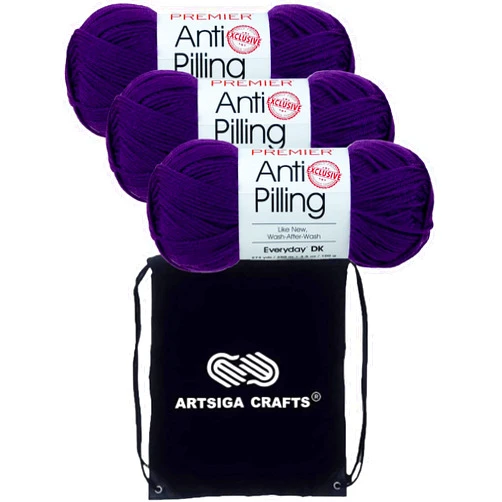 Premier Yarns Anti-Pilling Everyday DK Solids Purple 1107-09 (3-Skeins-Same Dye Lot) DK Light Worsted #3 Anti-Pilling Acrylic Yarn for Crocheting and Knitting with Project Bag