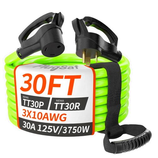 PlugSaf 30 FT 30 Amp RV Extension Cord Outdoor with Grip Handle, 10/3 Gauge Flexible Heavy Duty RV Power Cord Waterproof, NEMA TT-30P to NEMA TT-30R, 10AWG 125V 3750W STW, Green-Black, ETL Listed