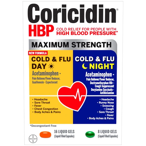 Coricidin HBP, Decongestant-Free Cold Symptom Relief for People with High Blood Pressure, Maximum Strength Cold & Flu Day + Night Liquid Gels, 24 Count