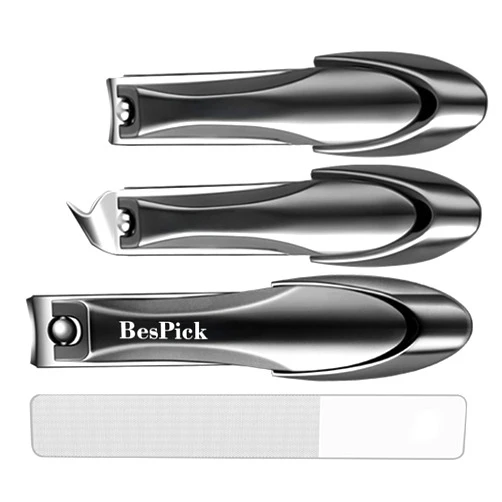 BesPick 4 Pieces biomimetic Sharp Stainless Steel Anti-Splash Nail Clippers Set with Metal Sliding Catcher and Nano Glass Nail File (Large Flat, Small Flat, Small Bevel and Glass File) (Black)