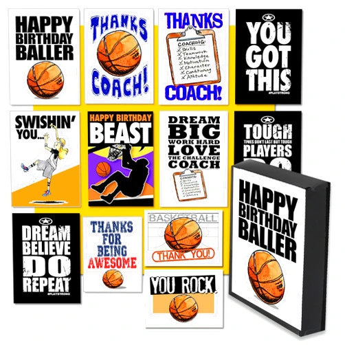 Play Strong 12-Pack Basketball Season Boxed Set of 12 Assorted Basketball Sports Greeting Cards Birthday, Thanks Coach, Empowering, Thank You, Blank Note to Celebrate Basketball Moments