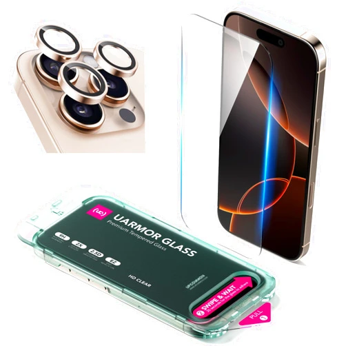 Upcommon UARMOR Clear Screen & Lens Protector for iPhone 16 Pro, Double Strength Tempered Glass with Easy Installation Kit 9H Hardness [2Pack Screen Protector, Desert Titanium Lens Protector]