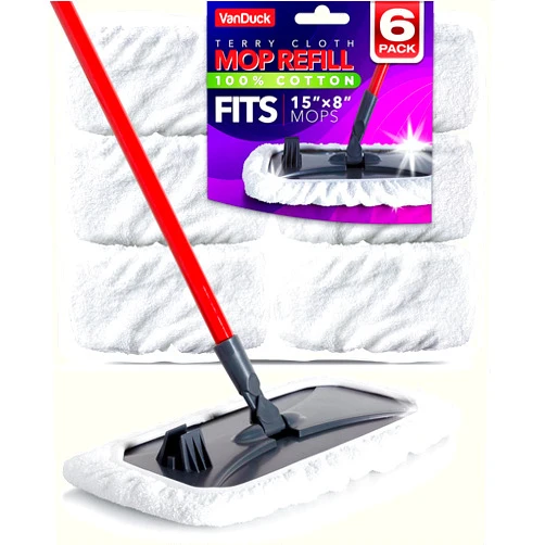 VanDuck 100% Cotton Terry Cloth Mop Pads 15x8 Inch 6-Pack (Handle is Not Included)
