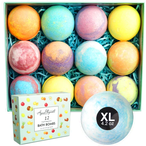 Aqua Elegante Tropical Fruit Bath Fizzies Set - 12 Large Bubble Bathbombs with Natural Essential Oils in Fruity Scents - Vegan Fizzy Bath Bombs Has Moisturizing Shea Butter and Coconut Oil