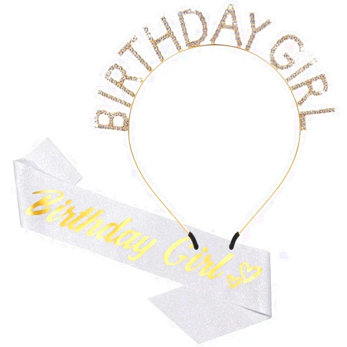 Aurmigle Birthday Crowns for Women, White-Gold Birthday Girl Sash & Birthday Tiara for Women Set, Princess Rhinestone Birthday Girl Headband Birthday Gifts for Women, Sweet Happy Birthday Accessories
