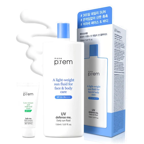 MAKEP:REM MAKEPREM Defense Me Daily Vegan Sun Fluid Non-greasy Calming Hydrating SPF 50+PA++++ Sunblock Reef-safe UV Broad Protection Sunscreen Blue Ray Sensitive Acne-Prone Oily Skin Face Body Korean Skincare