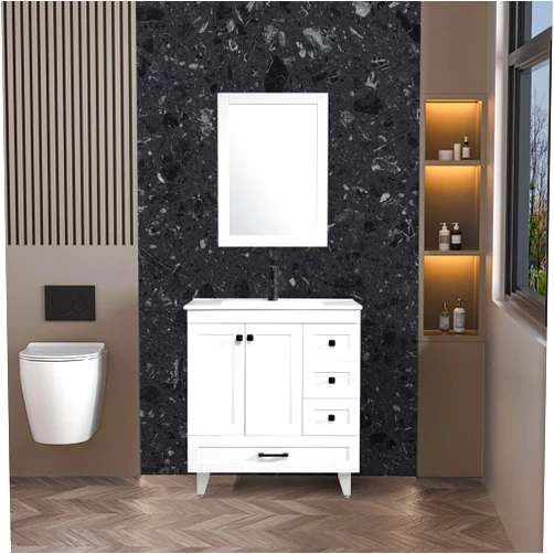 Higorl 30inch Bathroom Vanity Cabinet with Ceramic Sink Top Set,Modern Undermount Bathroom Cabinet Set,with Matte Black Faucet Drain,2 Doors & 4 Drawers,White