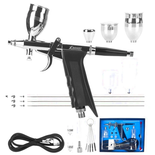 XDOVET Dual-Action Trigger Airbrush Kit Air Brush Painting Set with 0.3mm/0.5mm/0.8mm Needles,2cc/5cc/13cc/20cc/40cc Paint Cup, Air Hose for Tattoo, Makeup, Nail, Model, Art Hobby - for Pro & Beginner