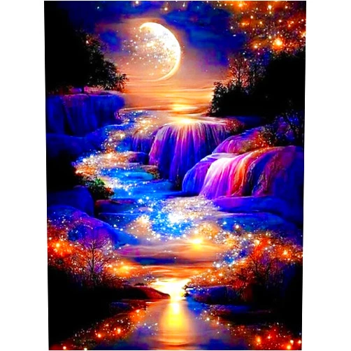 WUSARPLY Moonlight Waterfall Stamped Cross Stitch Kits - Nature Landscape Starry Scenery Needlepoint Counted Cross Stitch Kits for Beginners Adults Patterns Dimensions Embroidery Kits Arts and Crafts