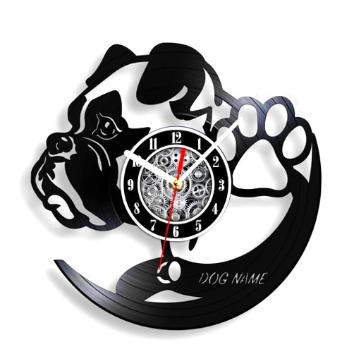 The Geeky Days Personalized Dog Pug Silent Quartz Vinyl Record Wall Clock, Different Dog Breeds 12inch Custom Carved Album Longplay Hanging Watch Pet Lover Gift Store Sign