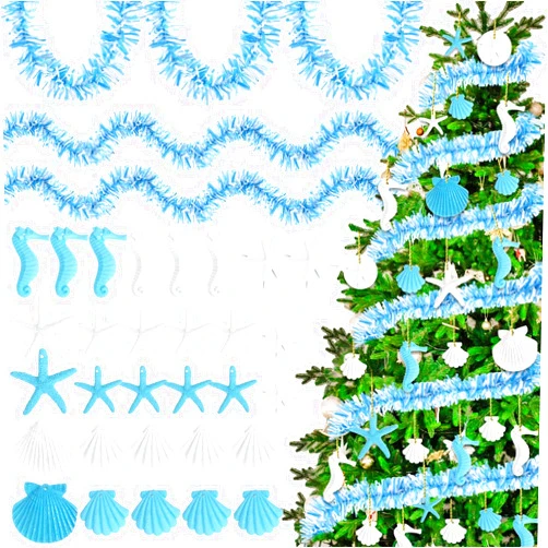 Sumind 40ft Christmas Ocean Themed Garland Beach Christmas Tree Decorations Xmas Hanging Ornaments with 30 Pcs Starfish Seashell Seahorse Under The Sea Nautical Birthday Holidays Party Decor