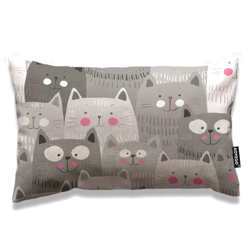 AOYEGO Cat Throw Pillow Cover 12x20 Inch Cute Cartoon Animal Kitten Head Doodle Smile Rectangle Pillow Cases Home Decorative Cotton Linen Cushion Cover for Bed Sofa Grey White Black