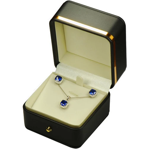 The Jewellery Pak Black Color Necklace Earring Set Jewelry Gift Box Luxury Soft Touch Premium PU Leather Necklace Pendant Chain Jewelry Storage Holder Box with Elegant Gold Trim and Gold Button Design