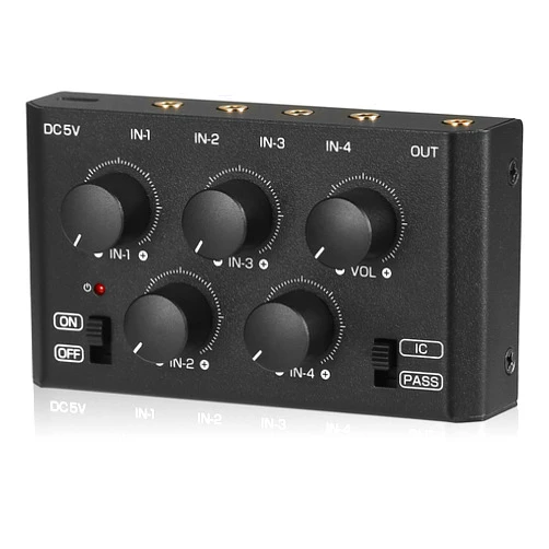 Douk Audio DoukAudio MC5-BX Mini Audio Mixer: 4-Channel Ultra Low-Noise Stereo Line Mixer for Home Studio Bar, Active & Passive Modes, Portable Metal Design for Musicians DJs