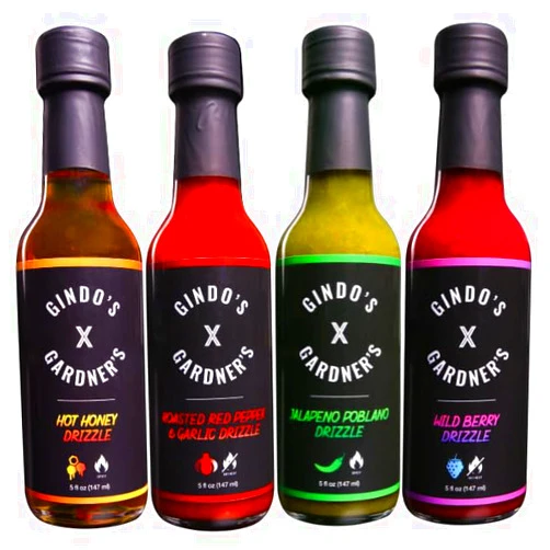 Gardner's Wisconsin Cheese, Drizzle Sauce Variety Pack - 4 Pack - Hot Honey, Roast Red Pepper & Garlic, Jalapeno Poblano, Wild Berry - Pairs with Oven Baked Cheese