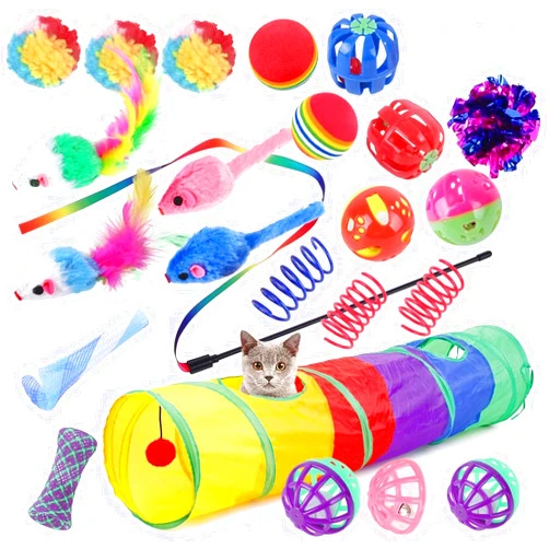 CLAYCLAY 24 Pcs Cat Toys for Indoor Cats Interactive Pet Toy Assortment with Foldable Rainbow Tunnel Feather Wand Teaser Cat Bell Fuzzy Balls Springs Mouse Toys