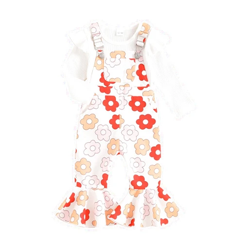 WZTYYDS Toddler Baby Girl Fall Clothes Floral Print Overalls Suspender Flare Pants Long Sleeve Ruffle Knit Top 2Pcs Outfits