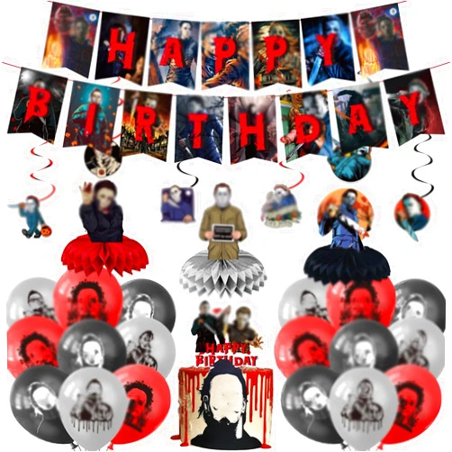 Tiruiarec 35 Pcs Have A Killer Party Decoration, Include Birthday Banner Honeycomb Centerpieces Cake Topper Thriller Killer Role Party Latex Balloons for Horror Movie Birthday Halloween Party