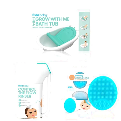 Frida Baby 4-in-1 Grow-with-Me Bath Tub & Control The Flow Polypropylene ABS Rinser & DermaFrida The SkinSoother Baby Bath Silicone Brush| Baby Essential for Dry Skin, Cradle Cap and Eczema (2 Pack)