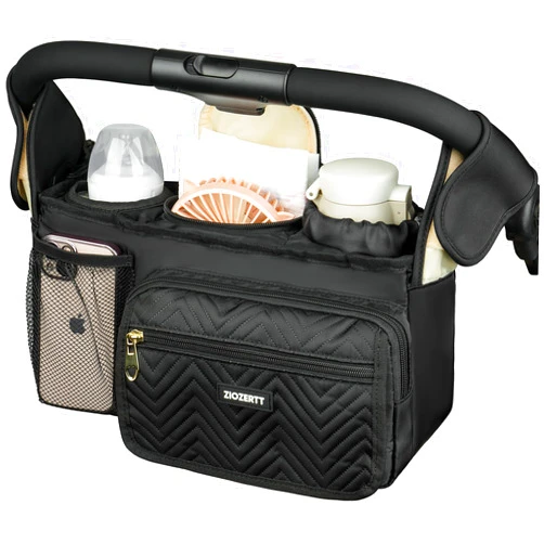 ZIOZERTT Universal Stroller Organizer with Insulated Cup Holder,Stroller Caddy Bag with Wet Wipes Pocket,Stroller Accessories Fits for Uppababy,Doona,Jogger,Britax,Mompush,BoB Strollers,Pink