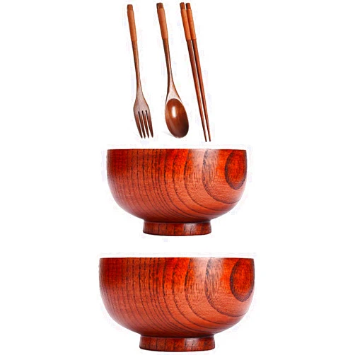 Junorstar Bowl Household Rice Bowl Ramen Bowl Tableware Zasole Wooden Salad Bowls, Jujube Wood Salad Bowl with Servers Set, Individual Salad Bowls for Salad, Fruits, Cereal and Dinner - Classic and Exquisite,2P