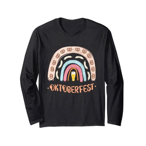 Retro Rainbow Bavarian Munich Dirndl Party Costume German Oktoberfest Sausage Pretzel Beer Vintage Rainbow Long Sleeve T-Shirt
