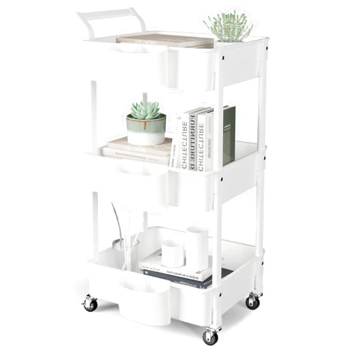 Hamone 3-Tier Utility Rolling Cart,Mobile Utility Cart with Lockable Caster Wheels,Storage Shelves Organizer Cart, 3 Hanging Baskets, Easy Assembly,for Bathroom, Kitchen, Office, Workshop,White