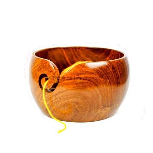Nagina International Dark Rich Deep Wood Crafted Premium Polished Yarn Storage Bowl with Spiral Yarn Dispenser