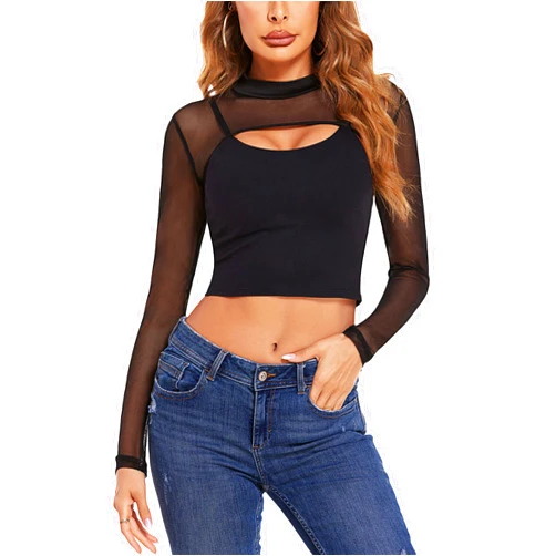 Avidlove Mesh Crop Tops for Women Mock Neck Long Sleeve Crop Top See Through Shirt Top Sexy Clubwear