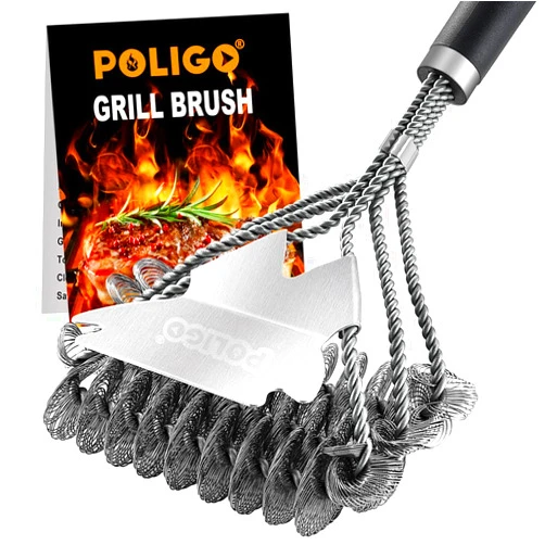POLIGO BBQ Grill Cleaning Brush Bristle Free & Scraper - Triple Helix Design Barbecue Cleaner - Non-bristle Grill Brush and Scraper Safe for Gas Charcoal Porcelain Grills - Ideal Grill Tools Gift