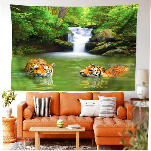Ambesonne Savannah Tapestry King Size, Siberian Tigers in Water Waterfall Pool Woodland Swimming Natural, Wall Hanging Bedspread Bed Cover Wall Decor, 104