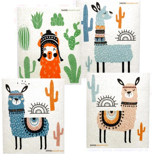 SWEDEdishcloths Eco Friendly Cellulose Sponge Dish Towels - Mixed Set of 4 (One of Each Design) Llama Swedish Dish Cloths