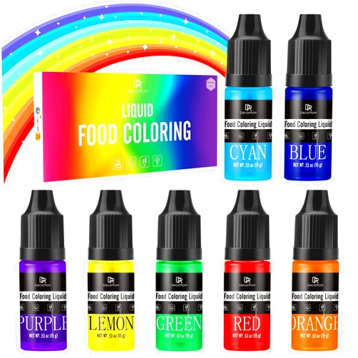 DecorRom Food Coloring - Rainbow Liquid Icing Food Coloring Set for Baking, Cake Decorating, Easter Egg, Airbrush - 7 Colors Tasteless Edible Food Color Dye for Fondant, Drinks, DIY Slime, Crafts - 15g Each