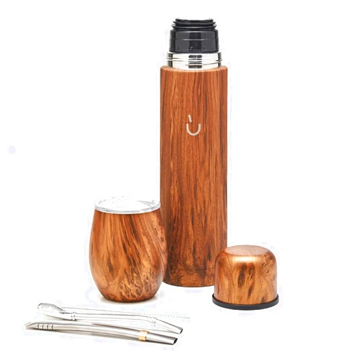 BALIBETOV Complete Yerba Mate Set - Modern Mate Gourd, Thermos, Bombilla and Cleaning Brush Included - All Premium Quality 304 18/8 Stainless Steel (Wood)