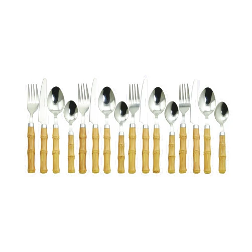 Gypsy color The Original Brink House Beyond Bamboo Stainless Steel Cutlery Set with Naturalistic Bamboo Handles / 16 pieces with Metal Stand, Lifestyle utensils set for home, first apartment, dorm, outdoor events